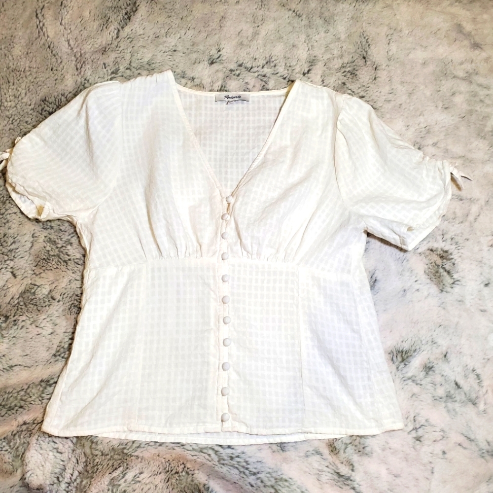 Madewell Tie-Sleeve Evie Top in Textured Gingham, Size 2, Small